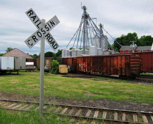 Freight yard and grain towers.